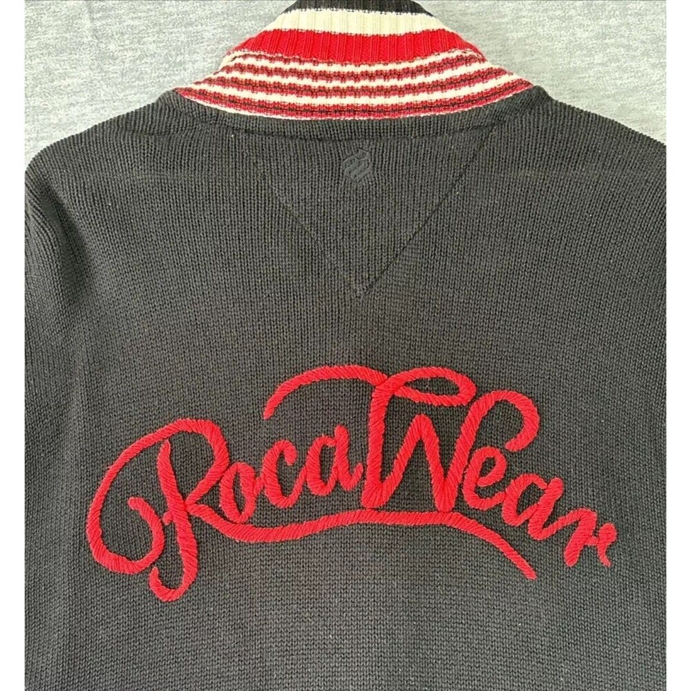 Vintage Rocawear Varsity Cardigan Mens 3XL Black Red Logo Embroidered Skate Surf